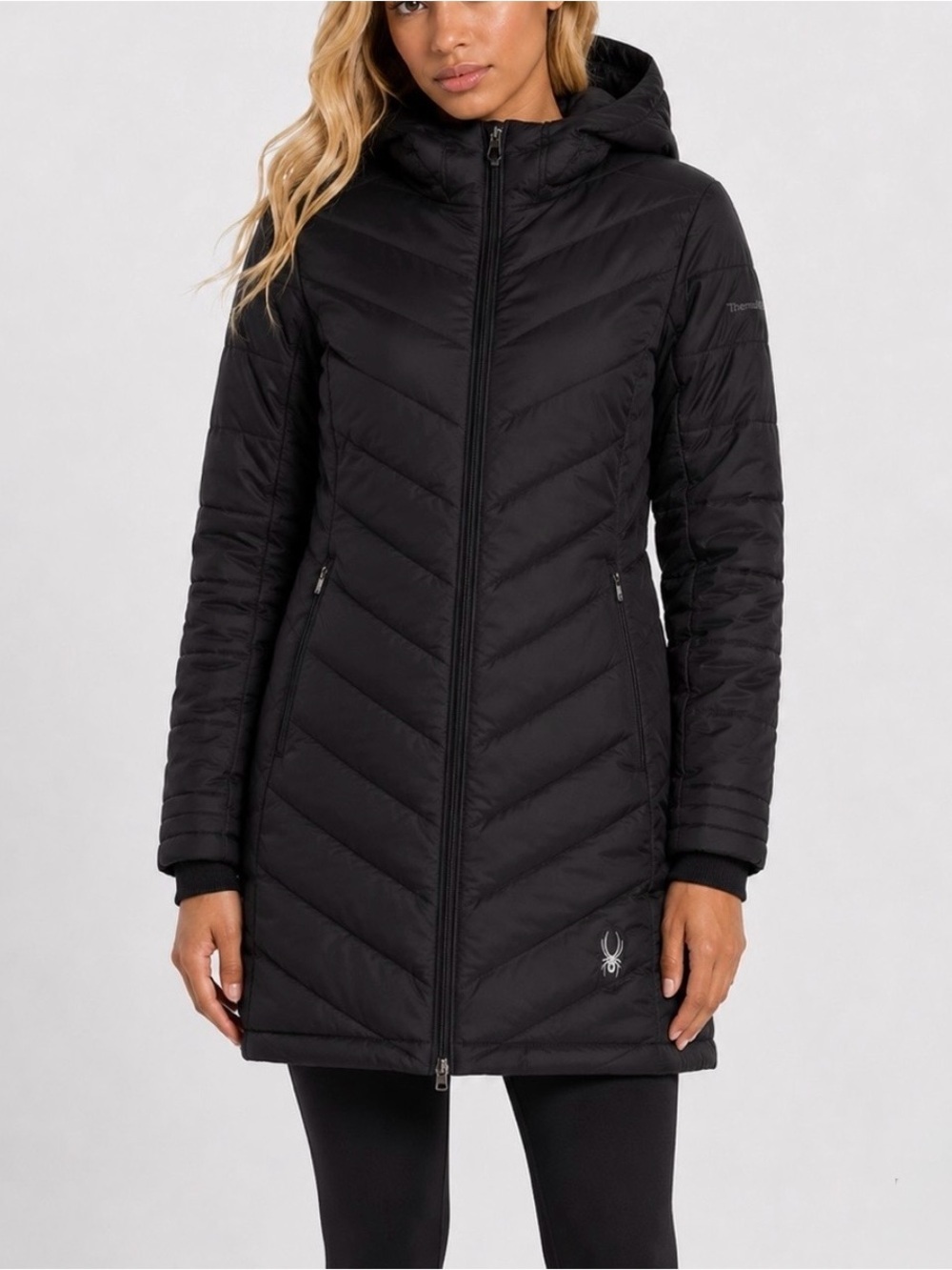 Spyder ThermaWEB Women’s Boundless Long Puffer Jacket Black Size S Hooded Coat